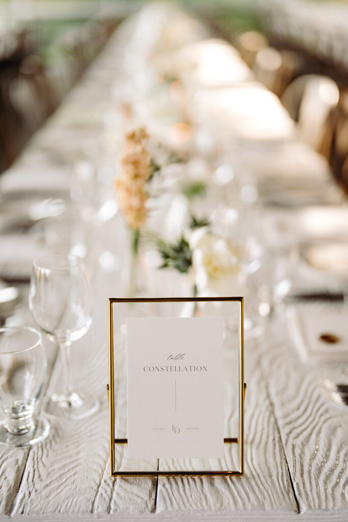 A beautifully designed wedding table number stationery, showcasing elegant typography and gold frame, adding a touch of sophistication to the event setup.